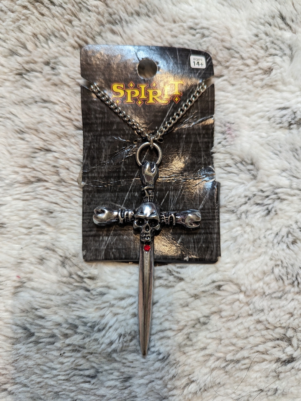 Spirit Halloween Gothic Skull Sword Crossbones Necklace Antiqued Silver Carded